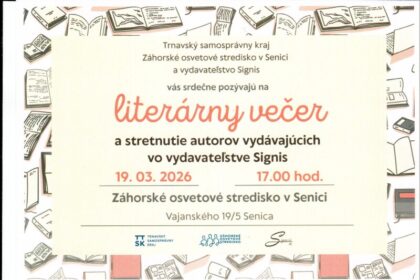 Plagát literárneho večera v Senici s dátumom 19. marca 2026, miestom konania a informáciami o vydavateľstve Signis.