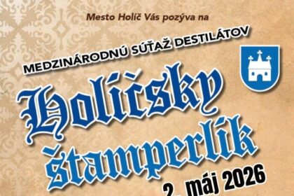 Plagát podujatia Holíčsky štamperlík 2026 s informáciami o medzinárodnej súťaži destilátov na Holíčskom zámku 2. mája 2026 o 13:00 hod.