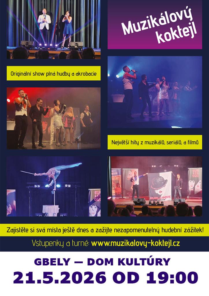 Plagát podujatia Muzikálový koktejl v Gbeloch s dátumom 21. mája 2026, ktorý propaguje hudobnú show s hitmi z muzikálov, filmov a seriálov.