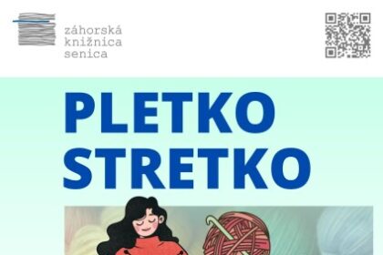 Plagát podujatia Pletko stretko v Senici s informáciami o dátume, čase a mieste konania, určený pre priaznivcov pletenia a háčkovania.