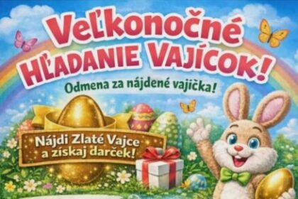 Plagát podujatia Veľkonočné hľadanie vajíčok v Senici na futbalovom štadióne Čáčov s dátumom, časom a zoznamom aktivít vrátane maskota Zajačika, súťaží, maľovania na tvár a skákacieho hradu.