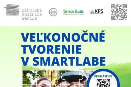 Plagát podujatia Veľkonočné tvorenie v SmartLabe v Senici, s informáciami o dátume, čase a aktivitách pre deti ako potlač puzzle a vypaľovanie do dreva.