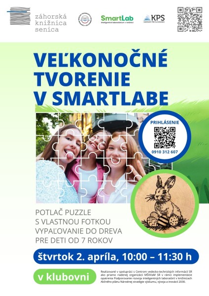 Plagát podujatia Veľkonočné tvorenie v SmartLabe v Senici, s informáciami o dátume, čase a aktivitách pre deti ako potlač puzzle a vypaľovanie do dreva.