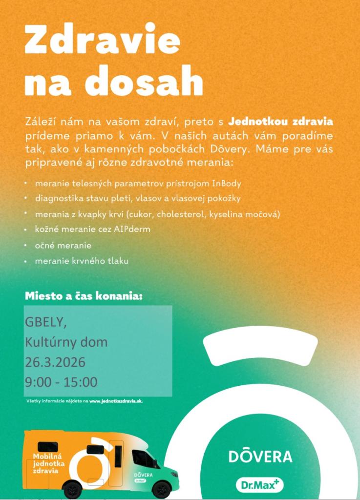 Plagát podujatia Zdravie na dosah v Gbeloch s informáciami o bezplatnom meraní zdravia v Kultúrnom dome 26. marca 2026 od 9:00 do 15:00.