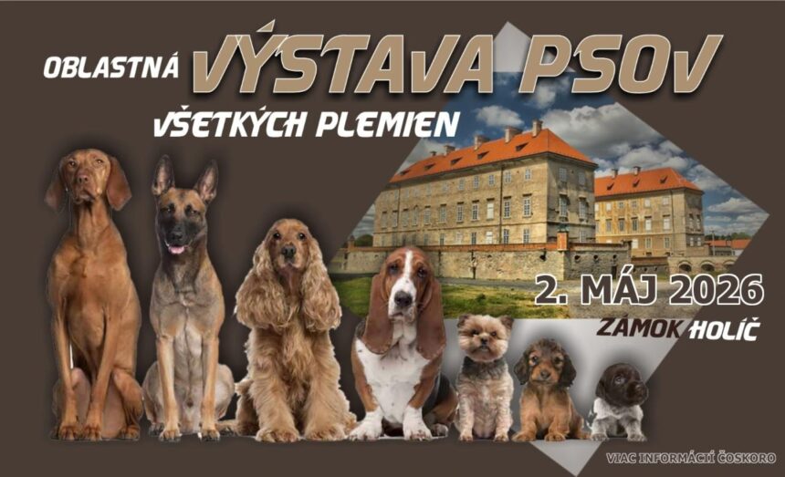 Plagát s informáciami o oblastnej výstave psov všetkých plemien, ktorá sa koná 2. mája 2026 na zámku Holíč.