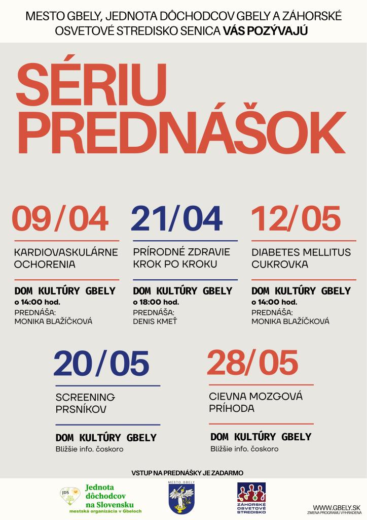 Plagát s informáciami o sérii prednášok o zdraví v Dome kultúry Gbely, vrátane dátumov, tém a organizátorov podujatia.