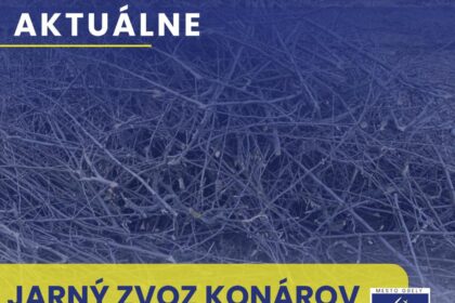 Plagát s informáciou o jarnom zvoze konárov v meste Gbely, obsahuje text "Aktuálne", názov podujatia "Jarný zvoz konárov" a webovú adresu mesta Gbely.