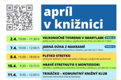 Plagát s programom aprílových podujatí v Záhorskej knižnici v Senici, obsahujúci dátumy a názvy tvorivých dielní, klubov a stretnutí pre rôzne vekové kategórie.