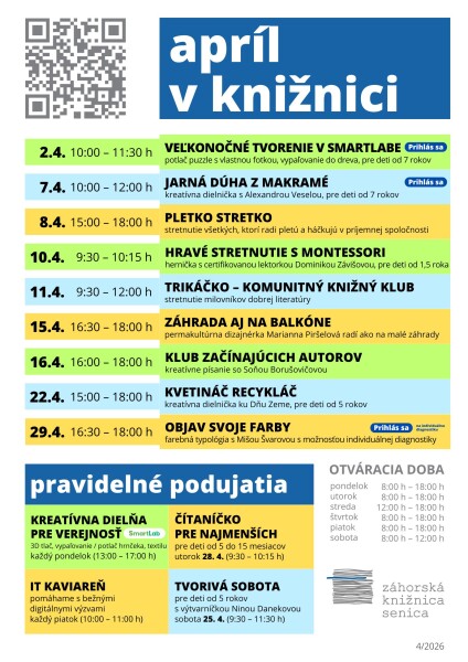 Plagát s programom aprílových podujatí v Záhorskej knižnici v Senici, obsahujúci dátumy a názvy tvorivých dielní, klubov a stretnutí pre rôzne vekové kategórie.