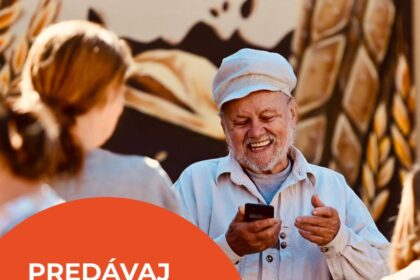 Plagát s textom "Predávaj na Skalickom jarmoku" na pozadí ilustrácie jarmočných stánkov a ľudí.