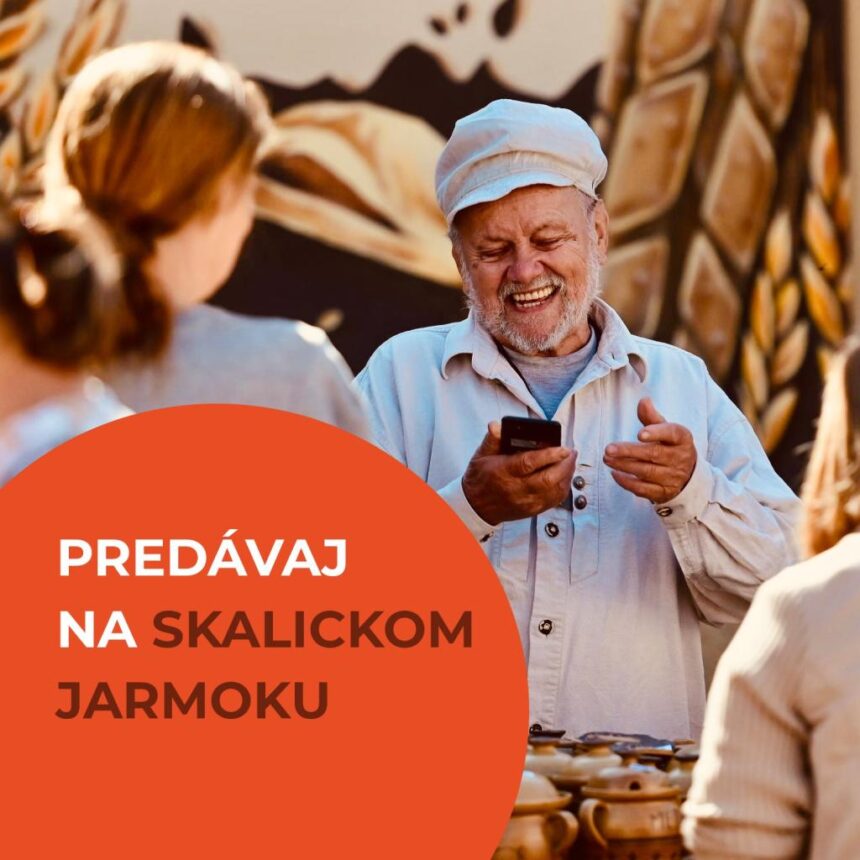 Plagát s textom "Predávaj na Skalickom jarmoku" na pozadí ilustrácie jarmočných stánkov a ľudí.