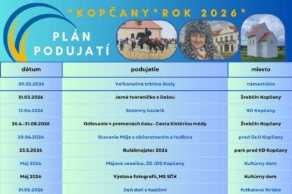 Plán podujatí obce Kopčany na rok 2026 s dátumami a názvami rôznych kultúrnych a spoločenských akcií.