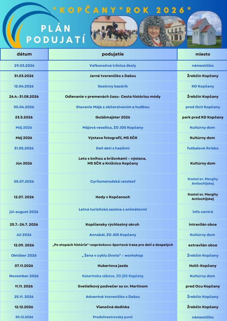 Plán podujatí obce Kopčany na rok 2026 s dátumami a názvami rôznych kultúrnych a spoločenských akcií.