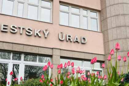 Budova Mestského úradu v Senici s ružovými tulipánmi v popredí počas jarného dňa.