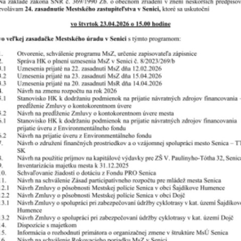 Fotografia veľkej zasadačky Mestského úradu v Senici pripravená na zasadnutie mestského zastupiteľstva 23. apríla 2026 o 15:00 hod.