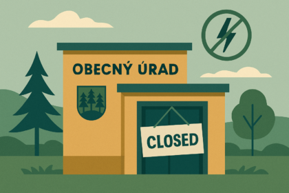 Ilustrácia budovy Mestského úradu Holíč s nápisom zatvorené a symbolom výpadku elektriny.