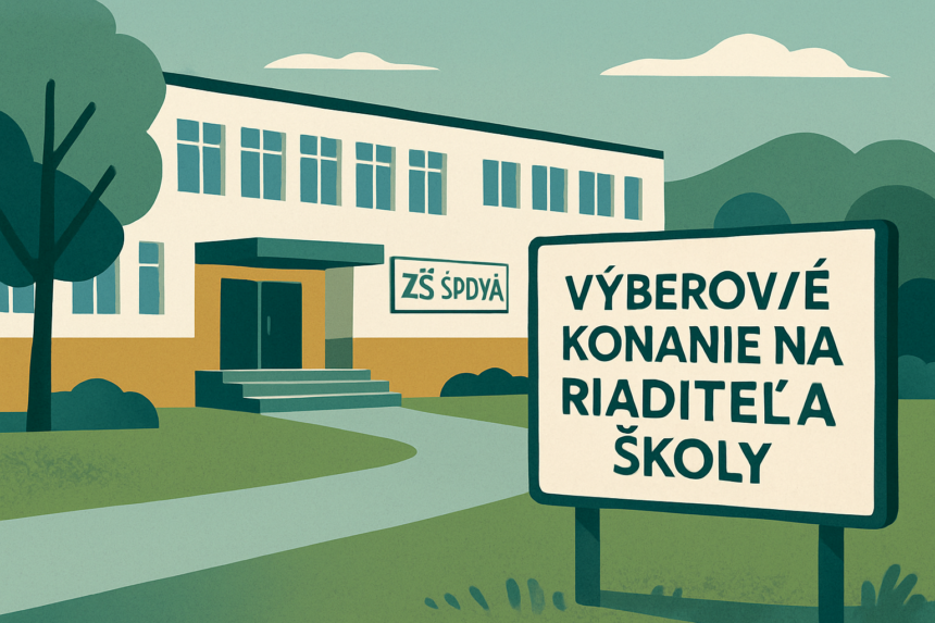 Ilustrácia budovy základnej školy Sadová v Senici s informačným nápisom o výberovom konaní na riaditeľa školy.