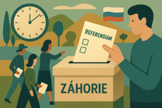 Ilustrácia hlasovacej urny s hlasovacími lístkami, hodiny ukazujúce čas hlasovania a abstraktné symboly občanov pri referende.