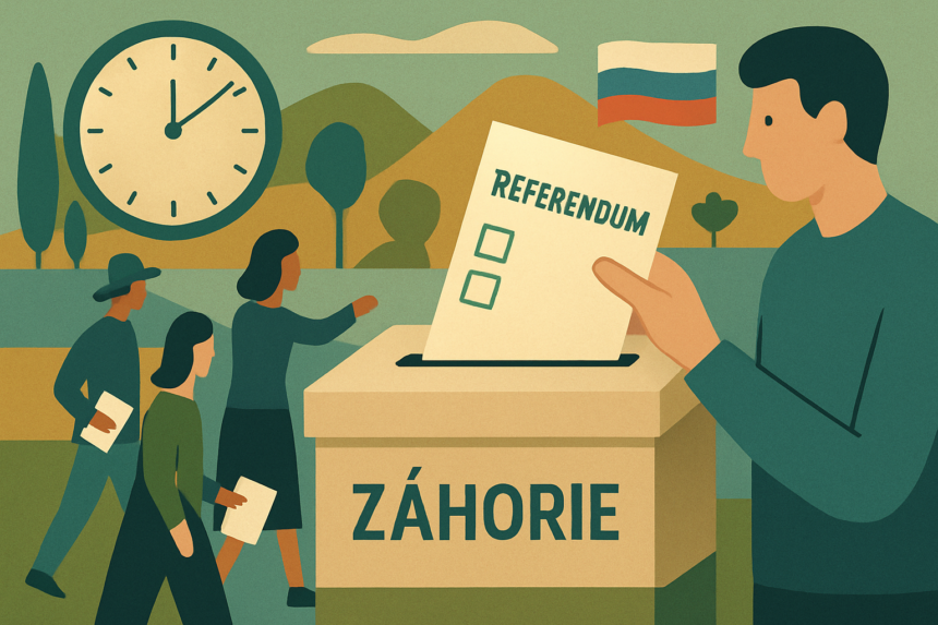 Ilustrácia hlasovacej urny s hlasovacími lístkami, hodiny ukazujúce čas hlasovania a abstraktné symboly občanov pri referende.