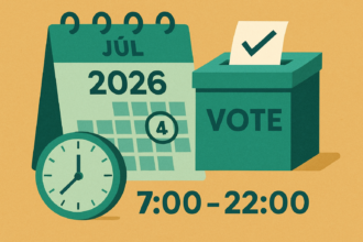 Ilustrácia kalendára s dátumom 4. júl 2026, volebná urna a hodiny zobrazujúce čas hlasovania od 7:00 do 22:00 hod.
