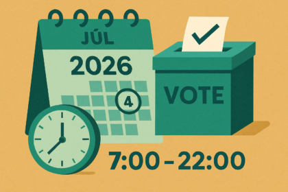 Ilustrácia kalendára s dátumom 4. júl 2026, volebná urna a hodiny zobrazujúce čas hlasovania od 7:00 do 22:00 hod.