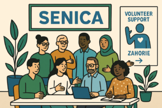 Ilustrácia komunitného stretnutia v Senici so zástupcami tretieho sektora spolupracujúcimi na podpore dobrovoľníkov.
