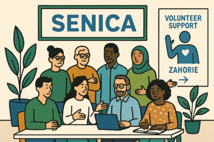Ilustrácia komunitného stretnutia v Senici so zástupcami tretieho sektora spolupracujúcimi na podpore dobrovoľníkov.