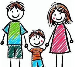 Ilustrácia kreslených postavičiek rodiny s dieťaťom, symbolizujúca zápis detí do materskej školy.