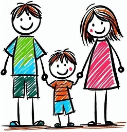 Ilustrácia kreslených postavičiek rodiny s dieťaťom, symbolizujúca zápis detí do materskej školy.