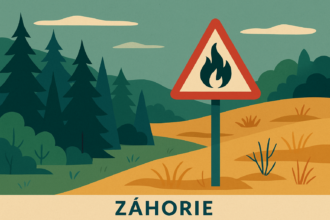 Ilustrácia lesa a suchej trávy s výstražným znakom nebezpečenstva požiaru v okrese Senica.