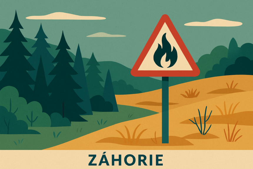 Ilustrácia lesa a suchej trávy s výstražným znakom nebezpečenstva požiaru v okrese Senica.