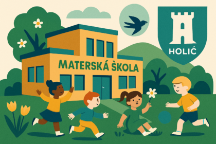 Ilustrácia materskej školy s deťmi a jarnými prvkami v modernom štýle, symbolizujúca riaditeľské voľno v Holíči