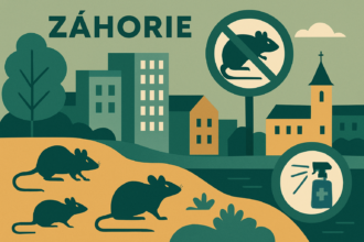 Ilustrácia mesta Holíč so symbolmi deratizácie a hlodavcov, znázorňujúca opatrenia na kontrolu škodcov