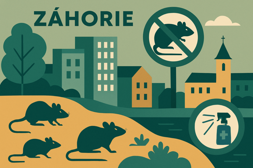 Ilustrácia mesta Holíč so symbolmi deratizácie a hlodavcov, znázorňujúca opatrenia na kontrolu škodcov