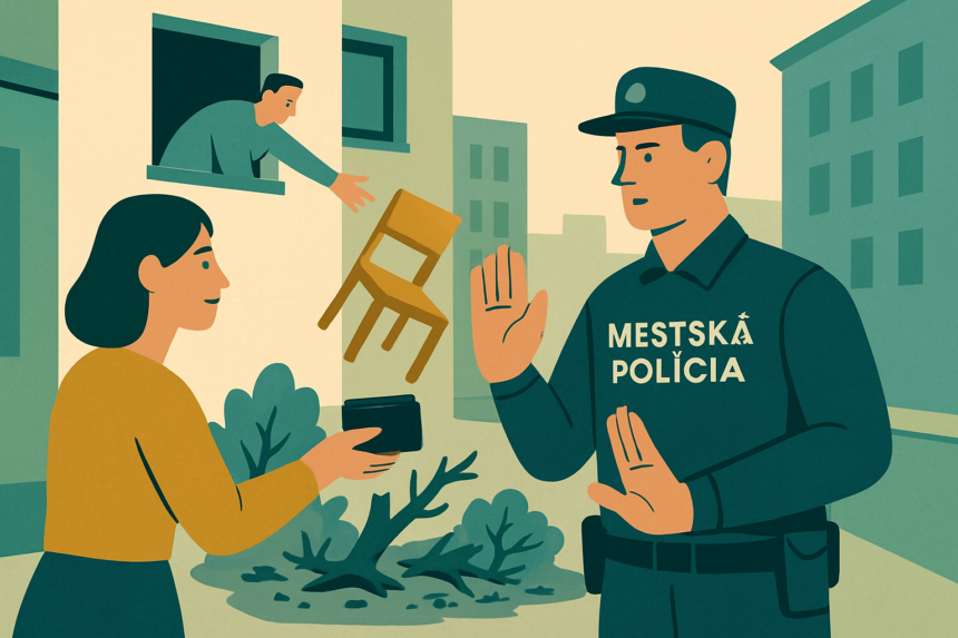 Ilustrácia mestskej polície v Senici, ktorá zastavuje vyhadzovanie nábytku z okna a žena odovzdáva peňaženku polícii v mestskom prostredí.