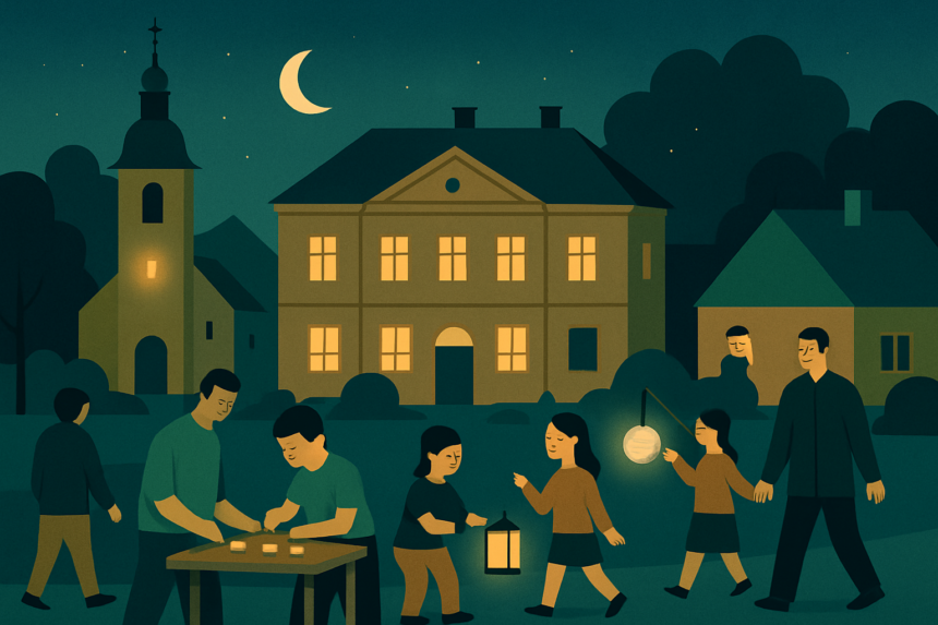 Ilustrácia nočnej prechádzky mestom Skalica počas Noci múzeí s historickými budovami a deťmi zapojenými do aktivít