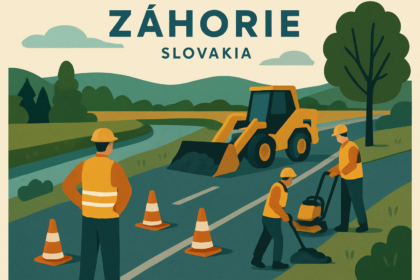 Ilustrácia opravy asfaltového povrchu na ceste pri Baťovom kanáli so stavebnými kužeľmi a pracovníkmi, bez uzávierky cesty.