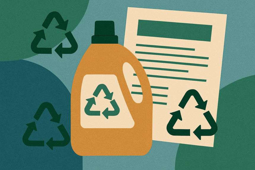 Ilustrácia pracieho prostriedku s recyklačnými symbolmi a informačným dokumentom na pozadí, symbolizujúca správne triedenie obalov.