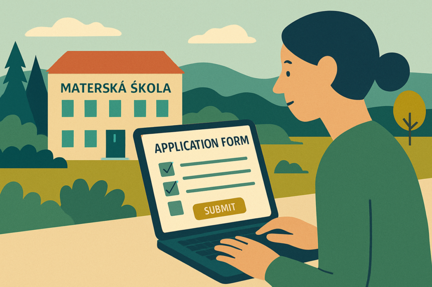 Ilustrácia rodiča vyplňujúceho elektronickú prihlášku do materskej školy na notebooku, v pozadí budova materskej školy