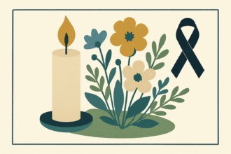 Ilustrácia smútočnej sviečky a kvetov ako pietny symbol na pamiatku zosnulého