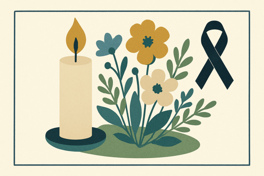 Ilustrácia smútočnej sviečky a kvetov ako pietny symbol na pamiatku zosnulého