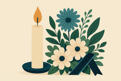 Ilustrácia sviečky a kvetov ako pietny symbol na pamiatku zosnulej Tamarky Malíkovej z Jablonice