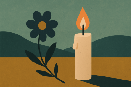 Ilustrácia sviečky a kvetu ako pietne symboly smútku a spomienky na zosnulého Rudolfa Wirtha zo Senice.