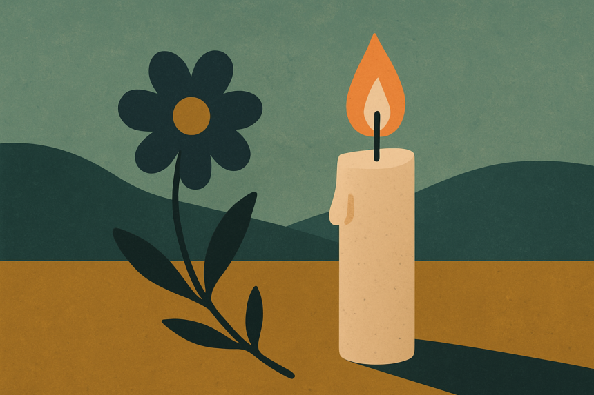 Ilustrácia sviečky a kvetu ako pietne symboly smútku a spomienky na zosnulého Rudolfa Wirtha zo Senice.