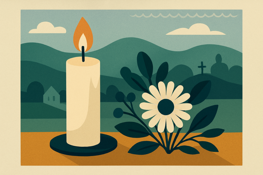 Ilustrácia sviečky a kvetu ako pietneho symbolu na pozadí s motívmi regiónu Záhorie.