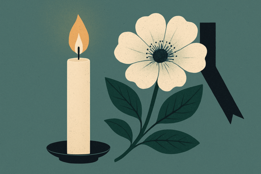 Ilustrácia sviečky a kvetu ako pietny symbol na pamiatku zosnulej Anny Bakičovej zo Senice