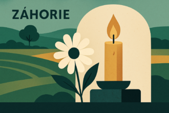 Ilustrácia sviečky a kvetu ako pietny symbol smútku a spomienky, v modernom štýle s použitím zelenej, modrej a okrovej farby.