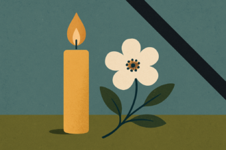 Ilustrácia sviečky a kvetu ako pietny symbol smútku a spomienky na zosnulú Štefániu Vašíčkovú z Holíča