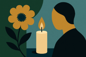 Ilustrácia sviečky a kvetu ako symbol smútku a spomienky v modernom štýle s farebnou paletou zelená, modrá a okrová.