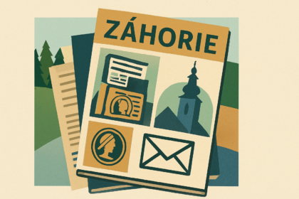 Ilustrácia tlačených vydaní časopisu Záhorie, staré a nové čísla vedľa seba s obálkou a poštovým symbolom.